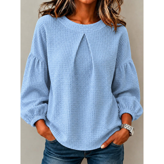 Damen Lockeres Waffelstrick-Sweatshirt mit Vorderfalte und Ballonärmeln Shop Nory