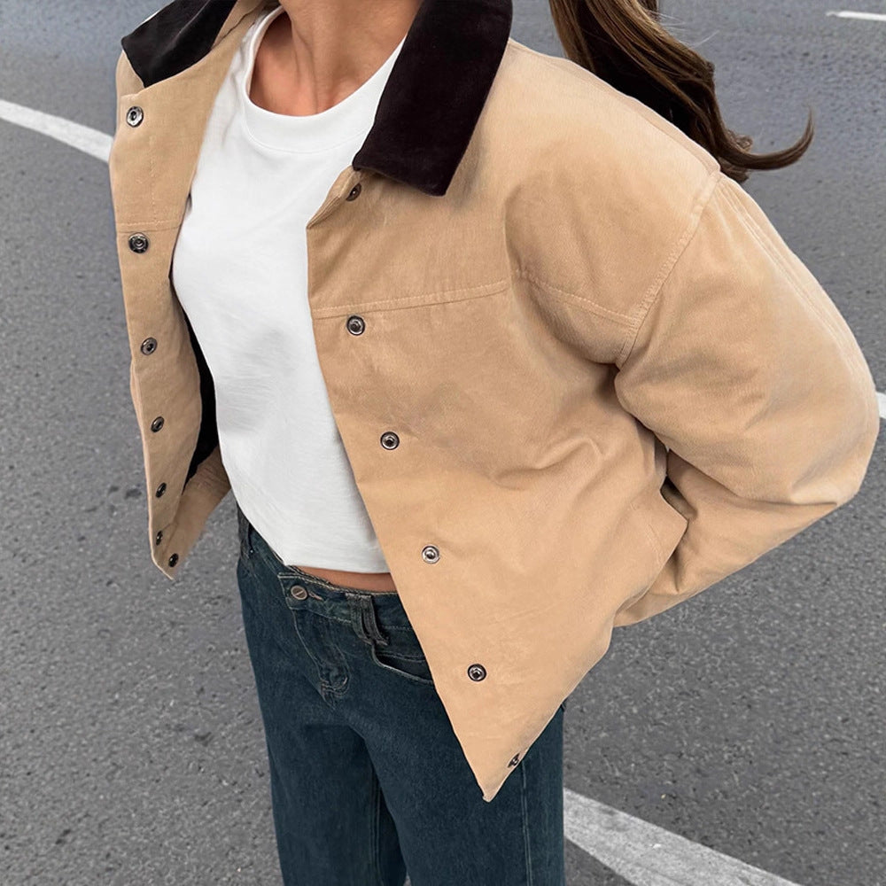Damen Kurzer Cord-Workwear-Blouson mit Kontrastkragen Shop Nory