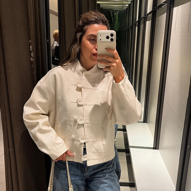 Damen Kurze Boxy-Jacke mit Mandarinkragen und dekorativer Knotenknopfleiste Shop Nory
