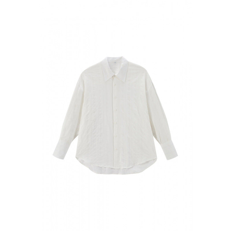 Unisex Oversize Leinenmix‑Hemd mit Strukturstreifen, Kentkragen und gerundetem Saum Shop Nory