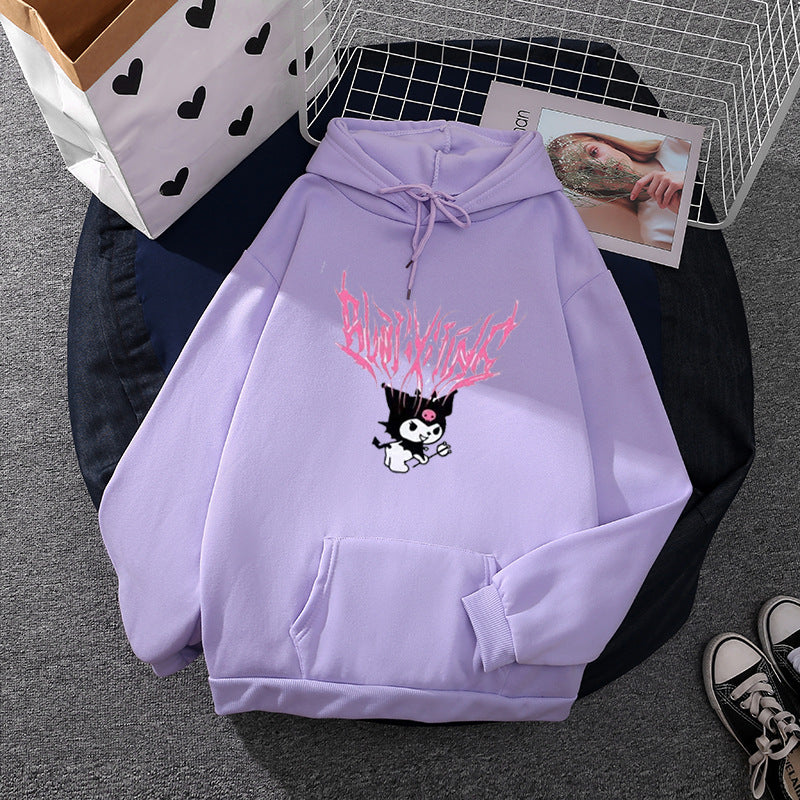 Damen nan lockeres Kapuzensweatshirt aus angerautem Fleece mit Kängurutasche und kawaii-Charakter-Print Shop Nory