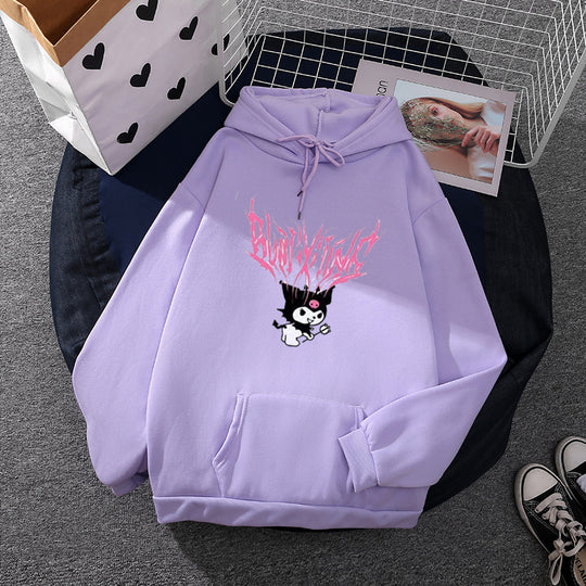 Damen nan lockeres Kapuzensweatshirt aus angerautem Fleece mit Kängurutasche und kawaii-Charakter-Print Shop Nory