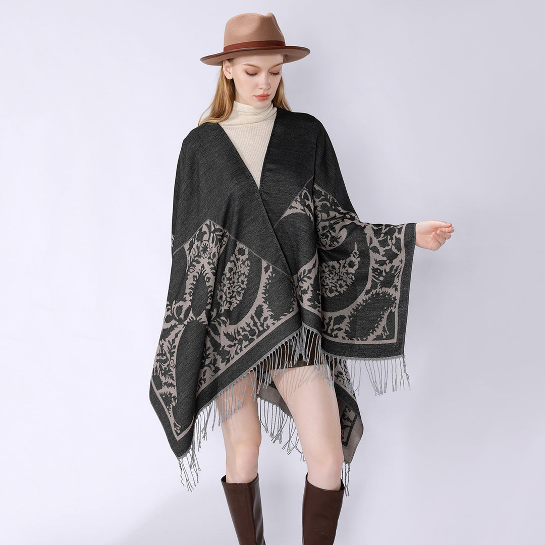 Damen Oversize-Umhangponcho mit floralen Medaillon-Jacquard und Fransensaum Shop Nory