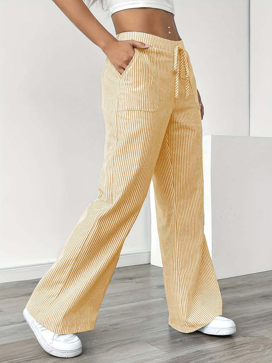 Damen weiche High-Waist Loungehose mit weitem Bein Tunnelzug und aufgesetzten Taschen Shop Nory