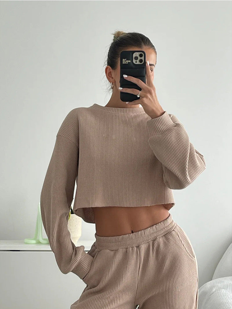 Damen Cropped Rippstrick-Loungewear-Set mit taillenhoher Jogginghose und lockerem Langarmtop Shop Nory