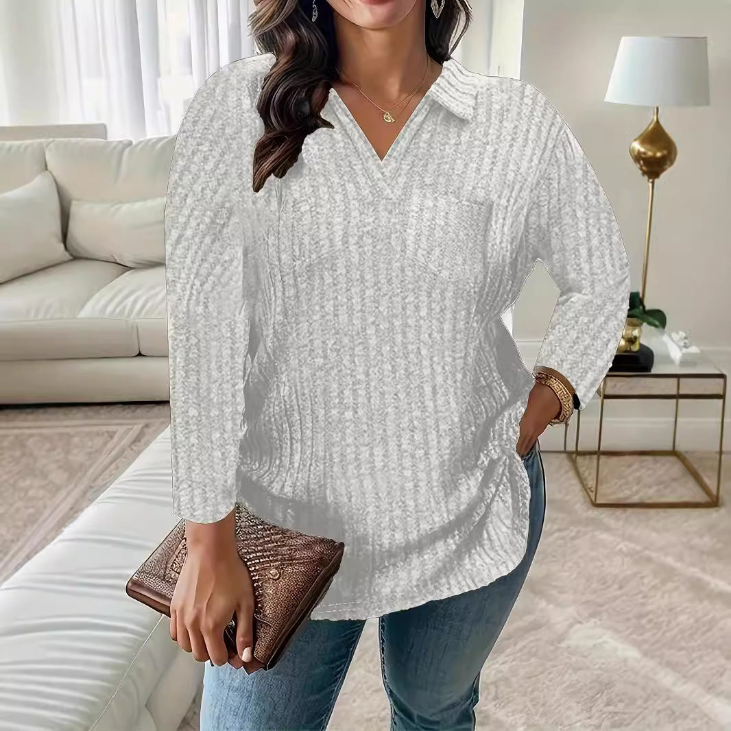Damen Gerippter V-Ausschnitt Pullover mit Hemdkragen und lockerer Tunika-Silhouette Shop Nory