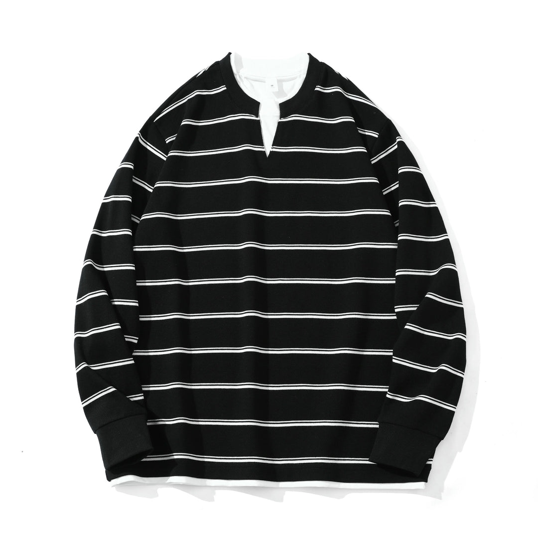 Unisex Gestreiftes Langarm-Sweatshirt mit V-Notch und Waffelstruktur Shop Nory