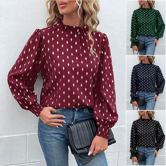 Damen Elegante Chiffonbluse mit Rauten-Print, gerafftem Stehkragen und Ballonärmeln Shop Nory