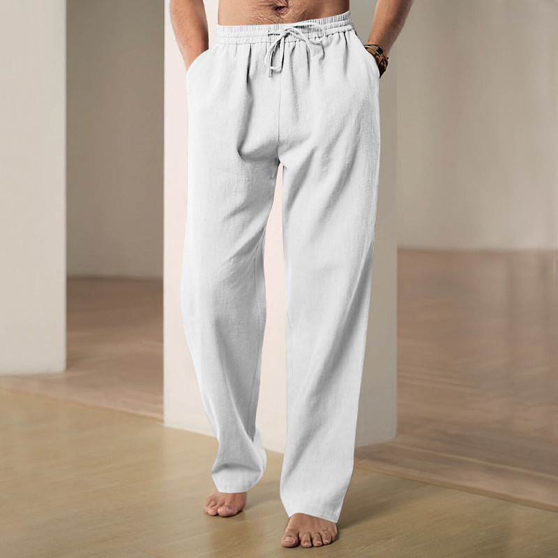 Herren nan lockere Leinen-Baumwoll-Freizeithose mit elastischem Bund und Kordelzug