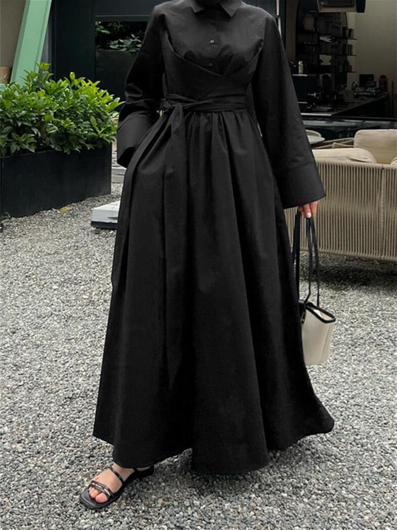 Damen Maxikleid im Hemdblusenstil mit Taillenwickel, weitem Tellerrock und breiten Manschetten Shop Nory