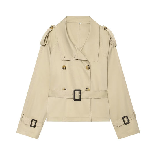 Damen Kurzer Boxy-Trench mit Doppelreiher, Taillengürtel und Schulterklappen Shop Nory