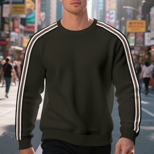 Herren Waffelstrick-Pullover mit kontrastierenden Ärmelstreifen und Rundhalsausschnitt Shop Nory