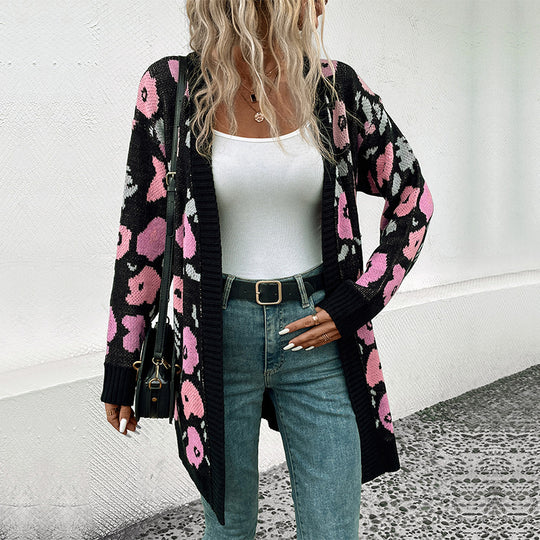 Damen Langer Strickcardigan mit Oversize-Schnitt, Animal-Jacquard und gerippten Bündchen Shop Nory