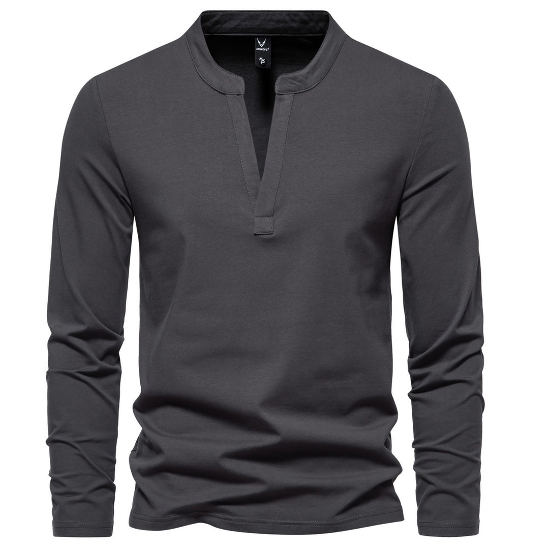 Herren langärmeliges Henleyshirt mit Stehkragen, tiefer V-Öffnung und schmaler Passform Shop Nory
