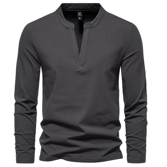 Herren langärmeliges Henleyshirt mit Stehkragen, tiefer V-Öffnung und schmaler Passform Shop Nory