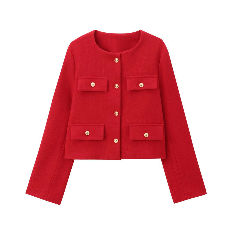 Damen Modische Kurzjacke mit dekorativen Knöpfen und praktischen Taschen