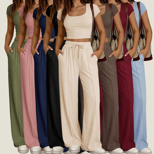 Damen lässiges Cropped-Top und weite Hose Set