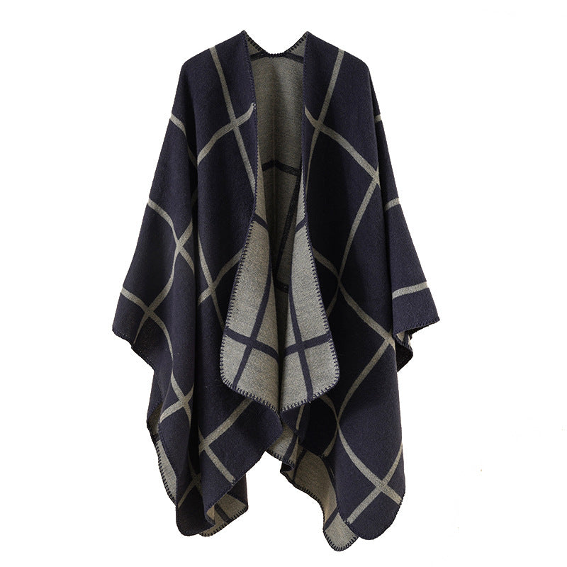 Damen Offener Wollmix-Poncho im Cape‑Stil mit dezentem Karomuster Shop Nory