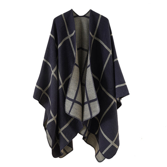 Damen Offener Wollmix-Poncho im Cape‑Stil mit dezentem Karomuster Shop Nory