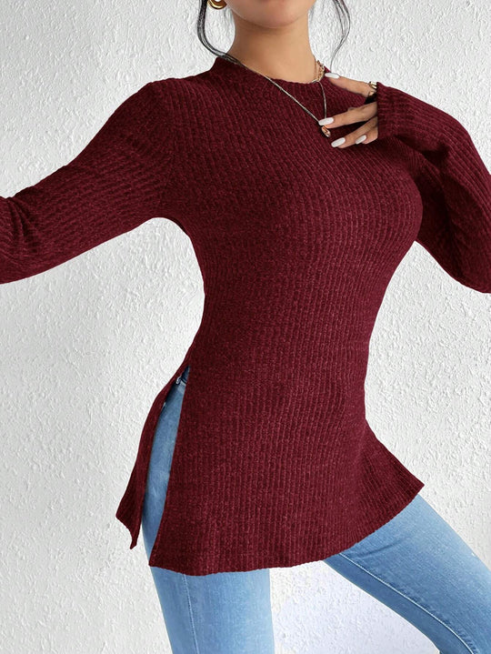 Damen Gerippter Taillierter Feinstrick-Pullover mit Stehkragen, langen Ärmeln und Seitenschlitzen Shop Nory