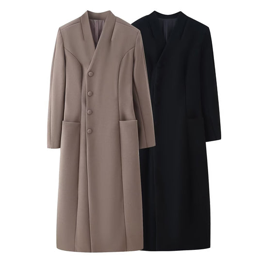 Damen Eleganter Wolloptik-Maximantel mit verdeckter Knopfleiste und aufgesetzten Taschen Shop Nory