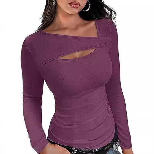 Damen Geripptes Langarmshirt mit asymmetrischem Carmenausschnitt und Brust-Cut-Out Shop Nory