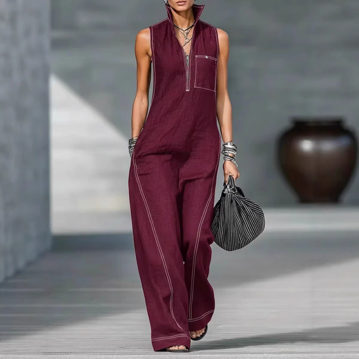 Damen Utility-Jumpsuit mit hochgeschlossenem Kragen und tiefem Reißverschluss Shopnory