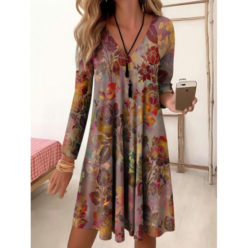 Damen V-Ausschnitt Freizeitkleid mit floraler Gestaltung und seitlichen Taschen
