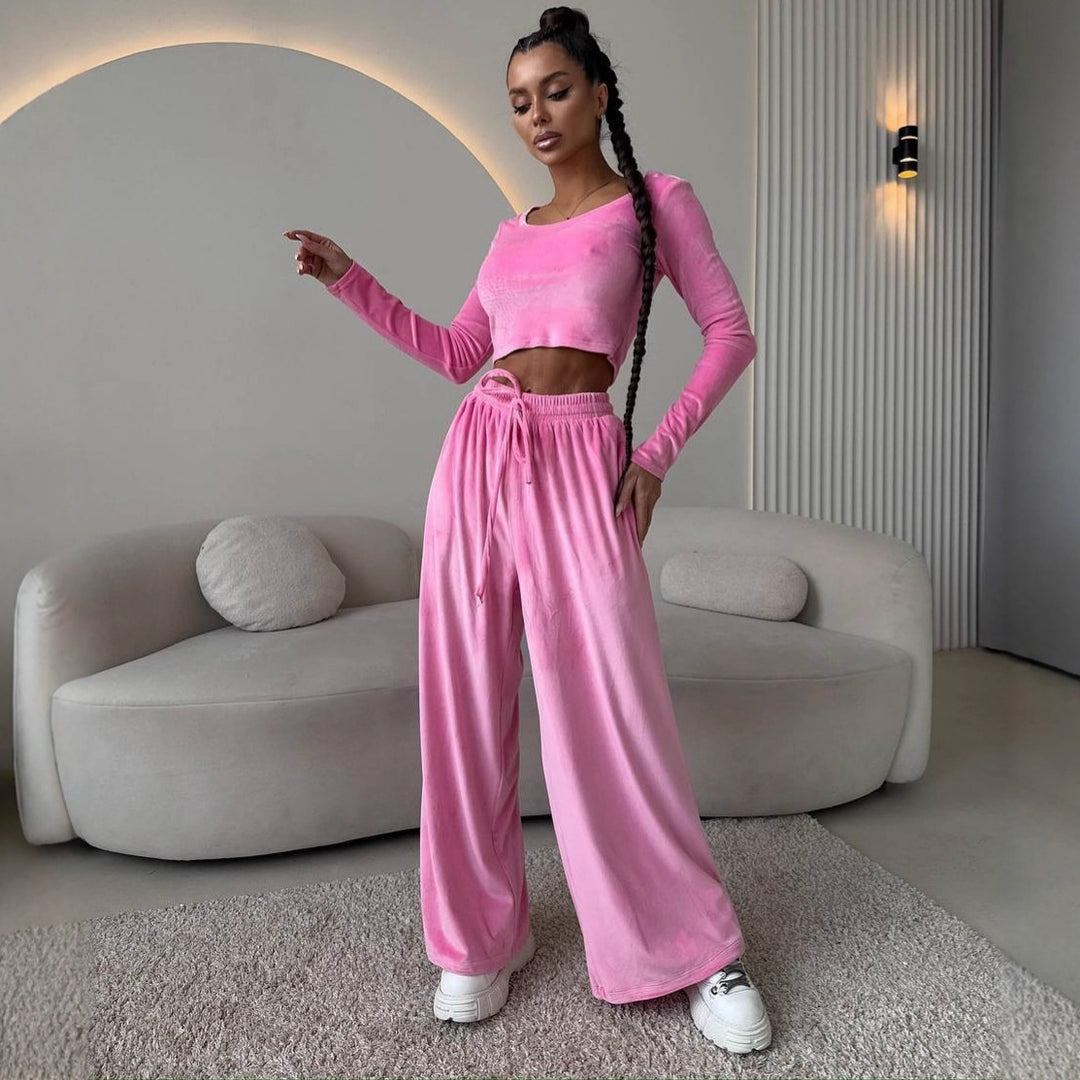 Damen Samt-Loungewear-Set mit Cropped-Langarmshirt und hoher Taillen-Palazzohose Shop Nory