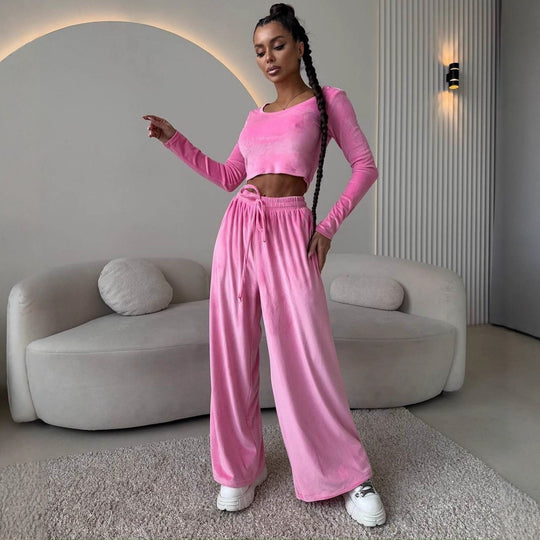 Damen Samt-Loungewear-Set mit Cropped-Langarmshirt und hoher Taillen-Palazzohose Shop Nory