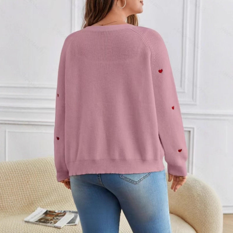 Damen lässige Strickjacke mit Herzapplikationen und tiefem V-Ausschnitt