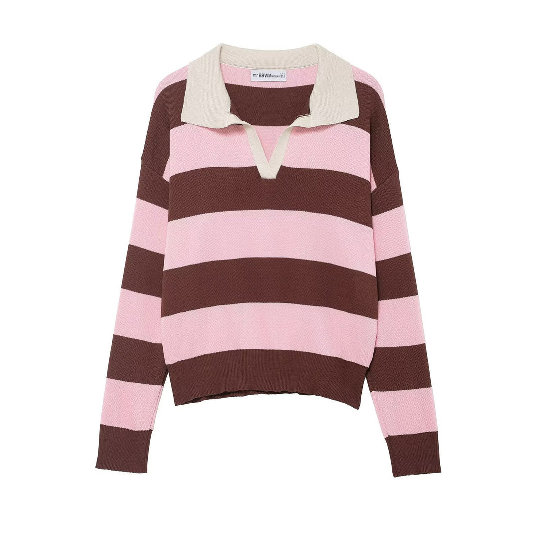 Damen Oversize Streifen-Rugby-Pullover mit offenem Polokragen und V-Ausschnitt Shop Nory