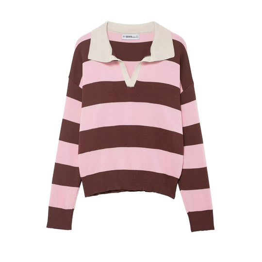 Damen Oversize Streifen-Rugby-Pullover mit offenem Polokragen und V-Ausschnitt Shop Nory