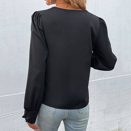 Damen Elegante V-Ausschnitt-Bluse mit Spitzenbesatz und langen Ballonärmeln Shop Nory
