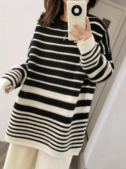 Damen Oversize-Longpullover aus grobem Streifenstrick mit Rundhalsausschnitt Shop Nory