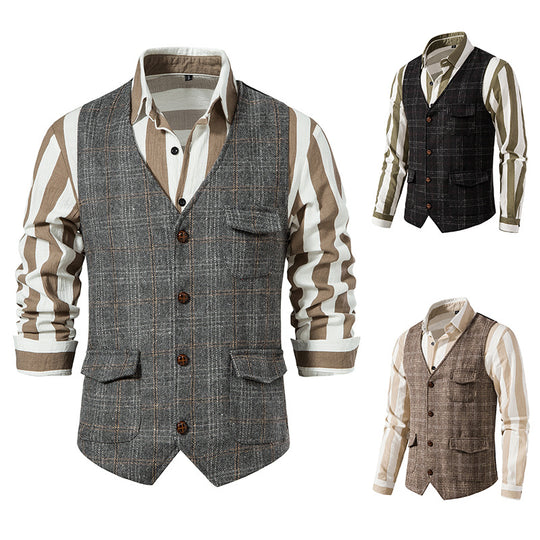 Herren kariertes Wollmix Gilet mit Brusttasche und aufgesetzten Seitentaschen Shop Nory