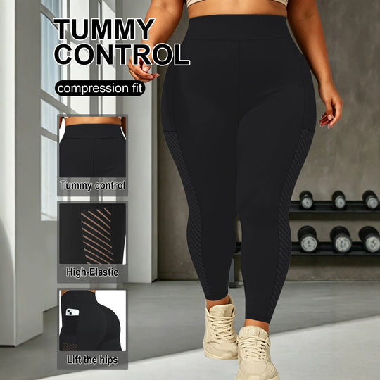 Damen High-Waist Sportleggings knöchellang mit seitlicher Handytasche und Struktur-Panel Shopy Nory