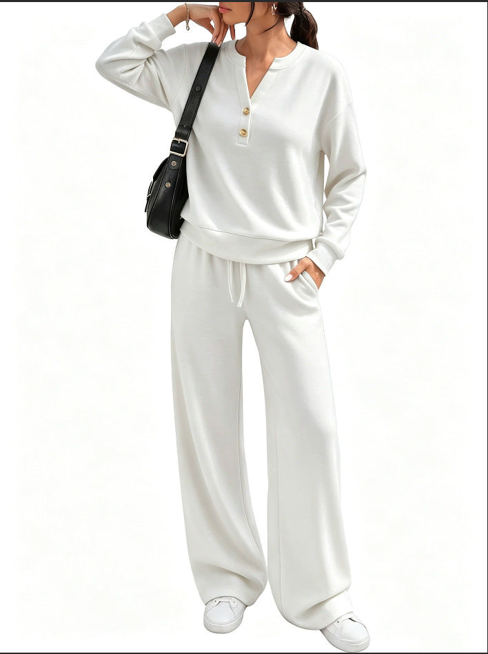 Damen Lounge-Set mit Henley-Kragen und palazzoweiter Jogginghose Shop Nory