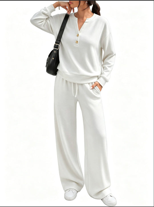 Damen Lounge-Set mit Henley-Kragen und palazzoweiter Jogginghose Shop Nory