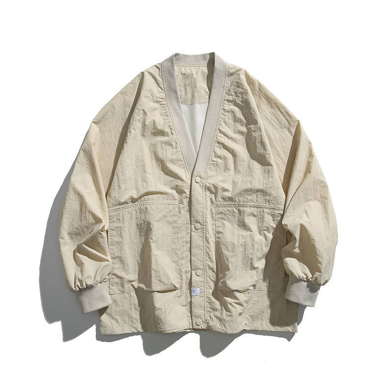 Unisex Weitgeschnittene Leichte Übergangsjacke mit V-Ausschnitt und Druckknopfleiste Shop Nory