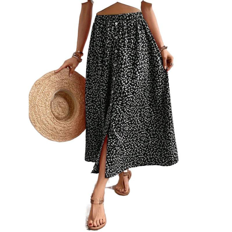 Damen Maxirock mit floralen Knopfdetails und seitlichem Schlitz Shopnory