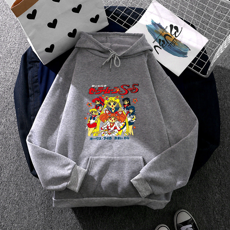 Damen nan Oversize-Kapuzenpullover mit gerautem Fleecefutter, Retro‑Anime‑Print und Kängurutasche Shop Nory