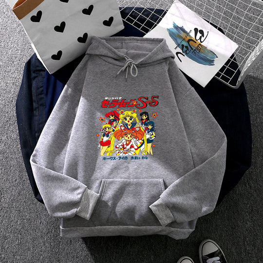 Damen nan Oversize-Kapuzenpullover mit gerautem Fleecefutter, Retro‑Anime‑Print und Kängurutasche Shop Nory