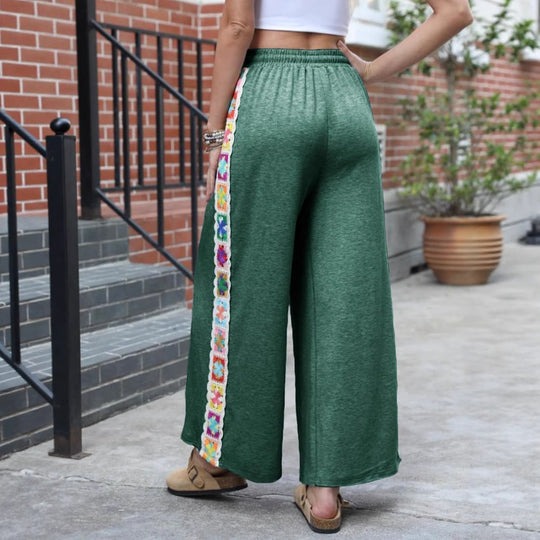 Damen weite Jersey-Hose mit hohem Gummibund, Kordelzug und gehäkeltem Seitenstreifen Shop Nory