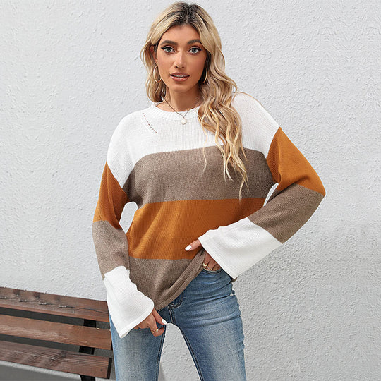 Damen Oversize Farbblock Strickpullover mit Rundhalsausschnitt und langen Ärmeln Shop Nory