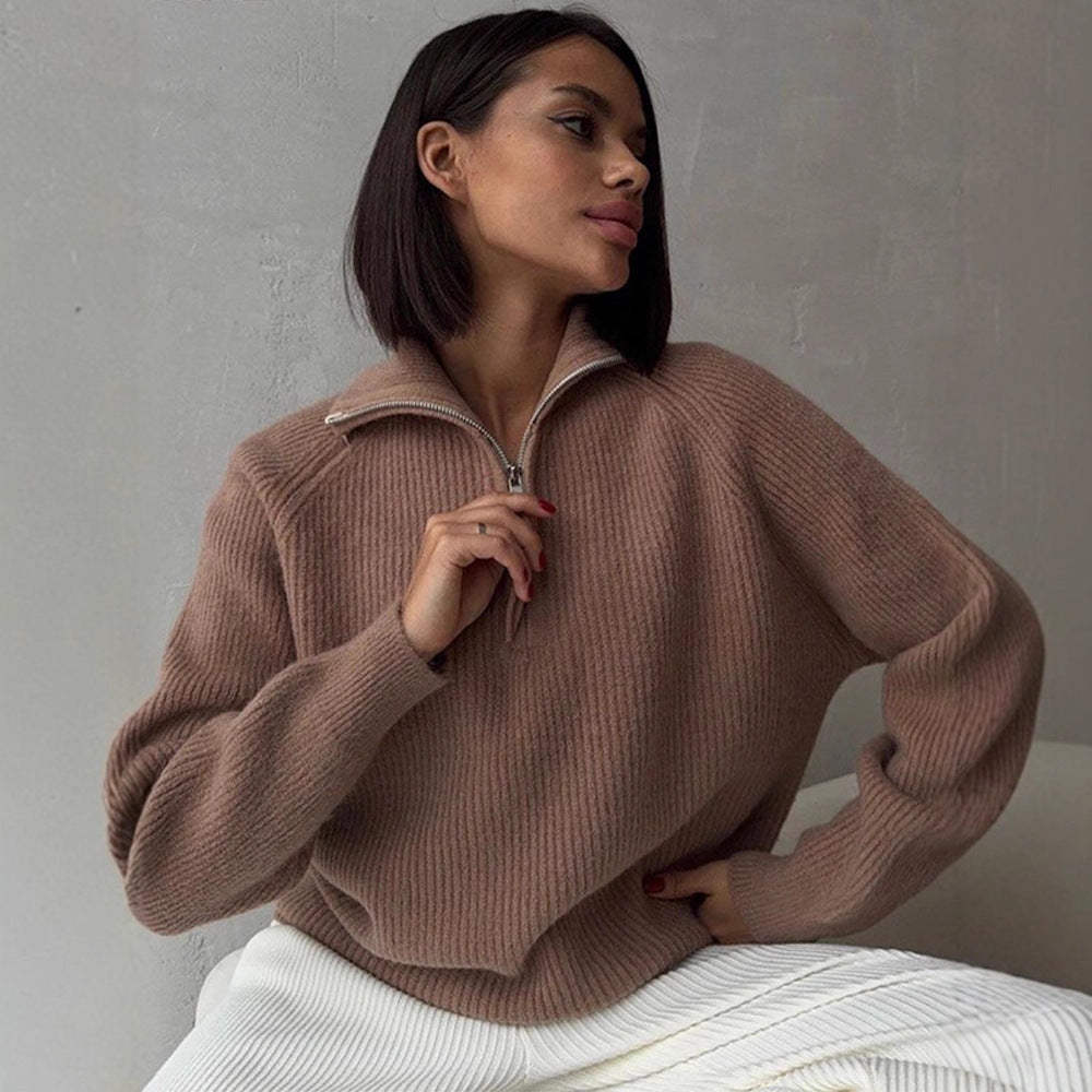 Damen Gerippter Wollmix-Pullover mit halbem Reißverschluss und weitem Stehkragen Shop Nory