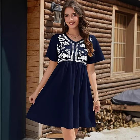 Damen Besticktes Empire-Kleid mit V-Ausschnitt, Kurzärmeln und ausgestelltem Rock Shop Nory