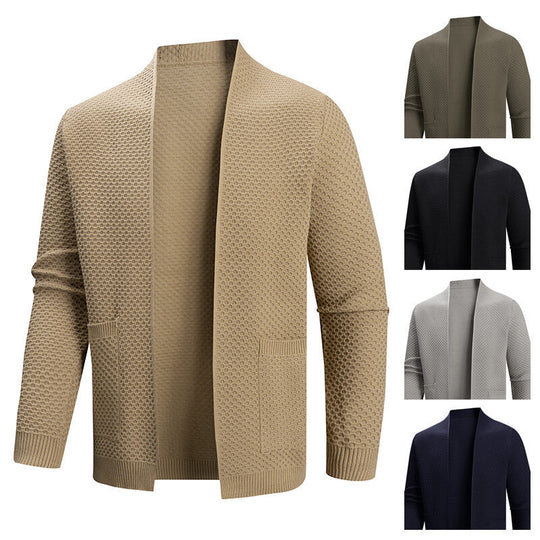 Herren offener Waffelstrick-Cardigan mit Schalkragen, aufgesetzten Taschen und gerippten Bündchen Shop Nory