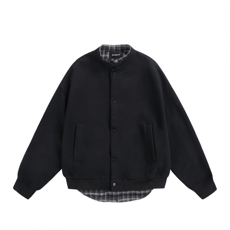 Herren Oversize-Sweatjacke im College‑Stil mit verdeckter Druckknopfleiste und kariertem Innenfutter Shop Nory