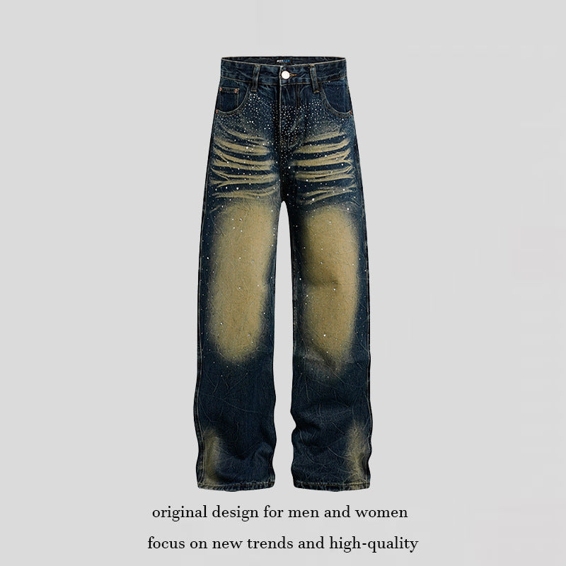 Damen weite High‑Waist Jeanshose mit Distressed‑Rissen und Strassbesatz Shop Nory